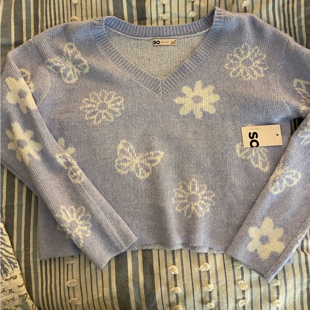 SO Women's Light Blue V-Neck Sweater with White Floral Pattern